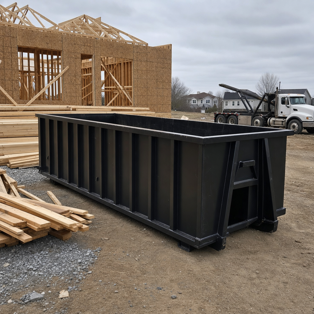 Matte-black 40-yard roll-off dumpster staged on a framed-out residential construction site in Berkeley, framing lumber stacked nearby, hooklift delivery truck visible in the background under bright Colorado daylight
