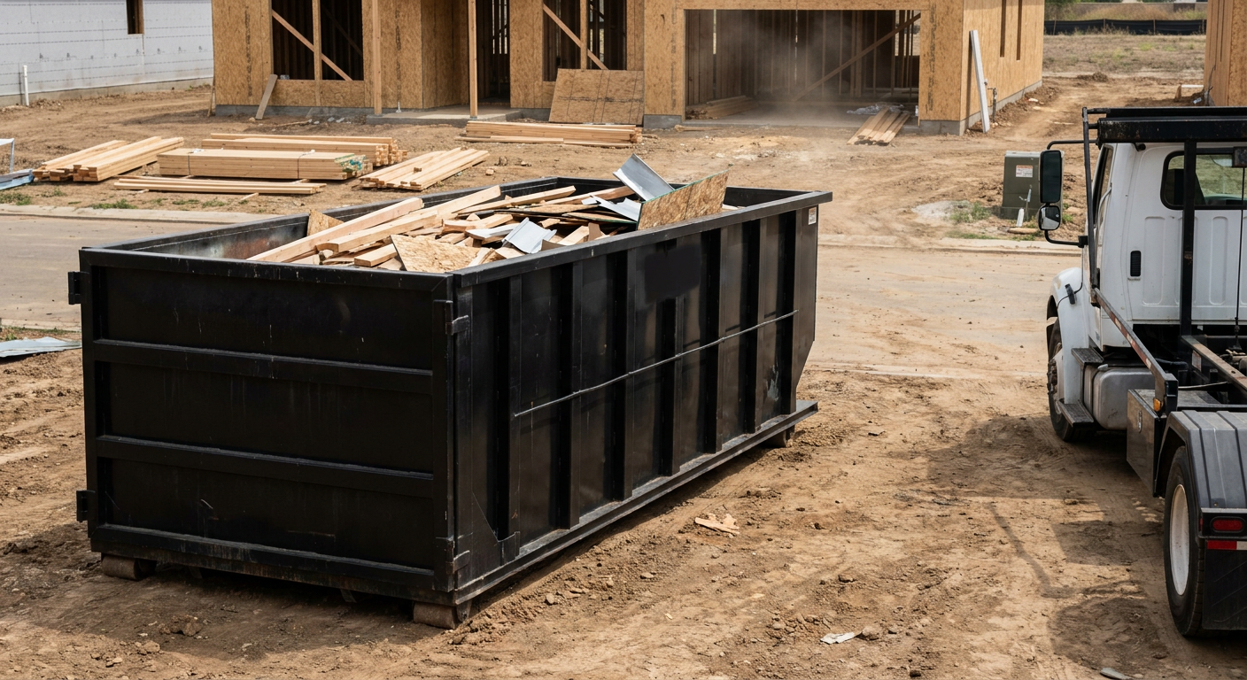 Matte-black 20-yard roll-off construction dumpster with heavy ribbed steel sidewalls and swing rear doors at a working jobsite in Berkeley, sitting directly on compacted dirt with an unmarked white hauler partially visible at the far edge of the frame.