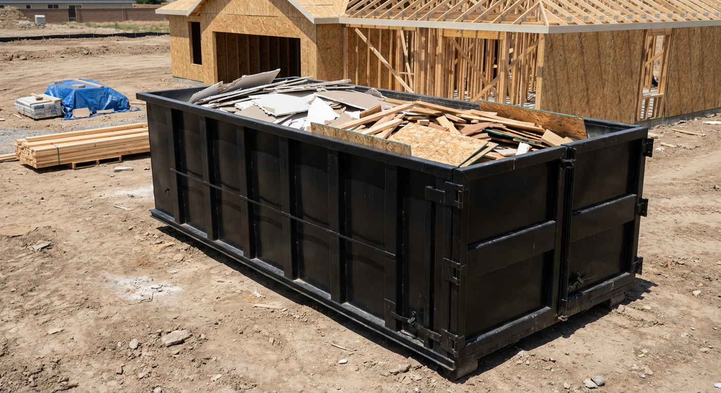 Matte-black 30-yard roll-off construction dumpster sitting directly on the compacted-dirt site of a framed single-family home build in Berkeley, drywall and lumber scrap loaded inside.