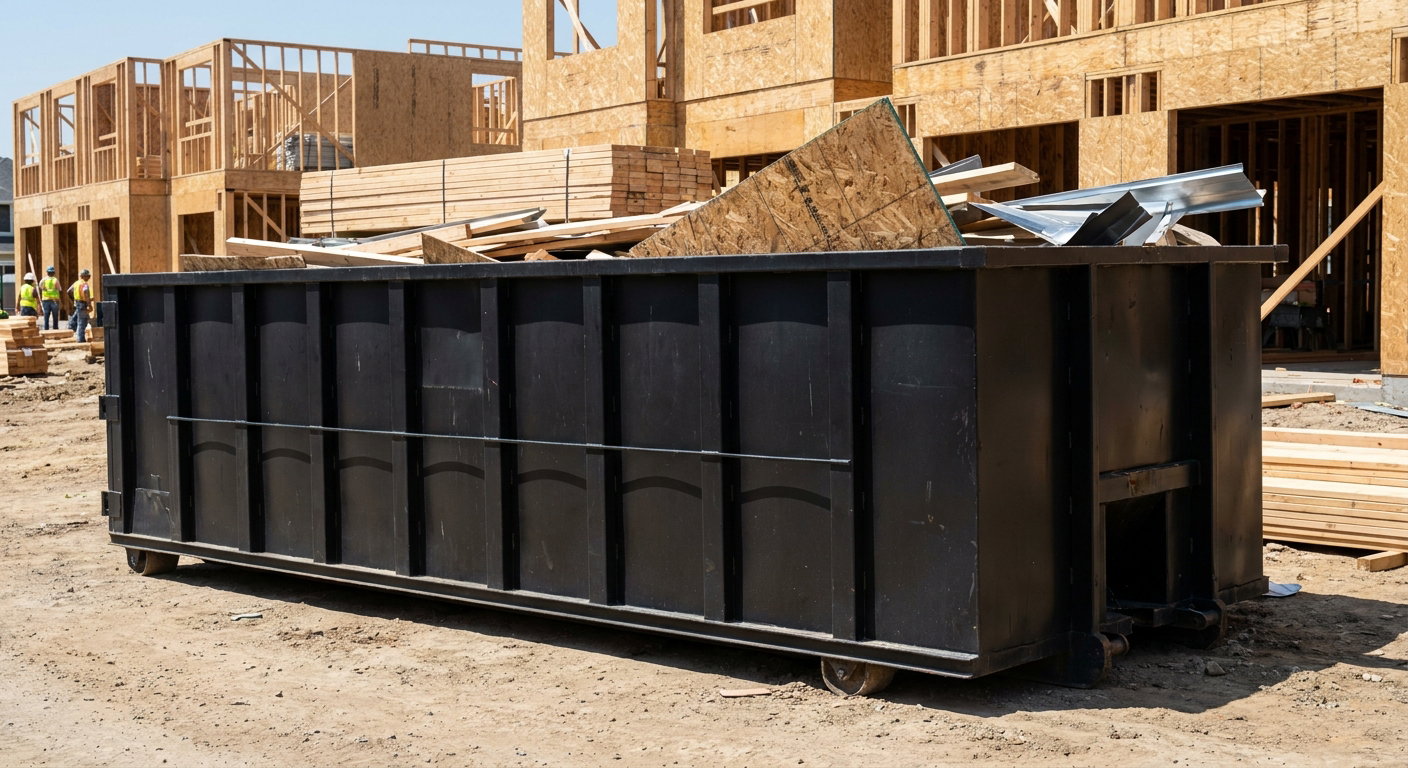 Matte-black 40-yard roll-off construction dumpster being lowered from a white-cab hooklift delivery truck onto the compacted-dirt jobsite at a commercial build site in Berkeley
