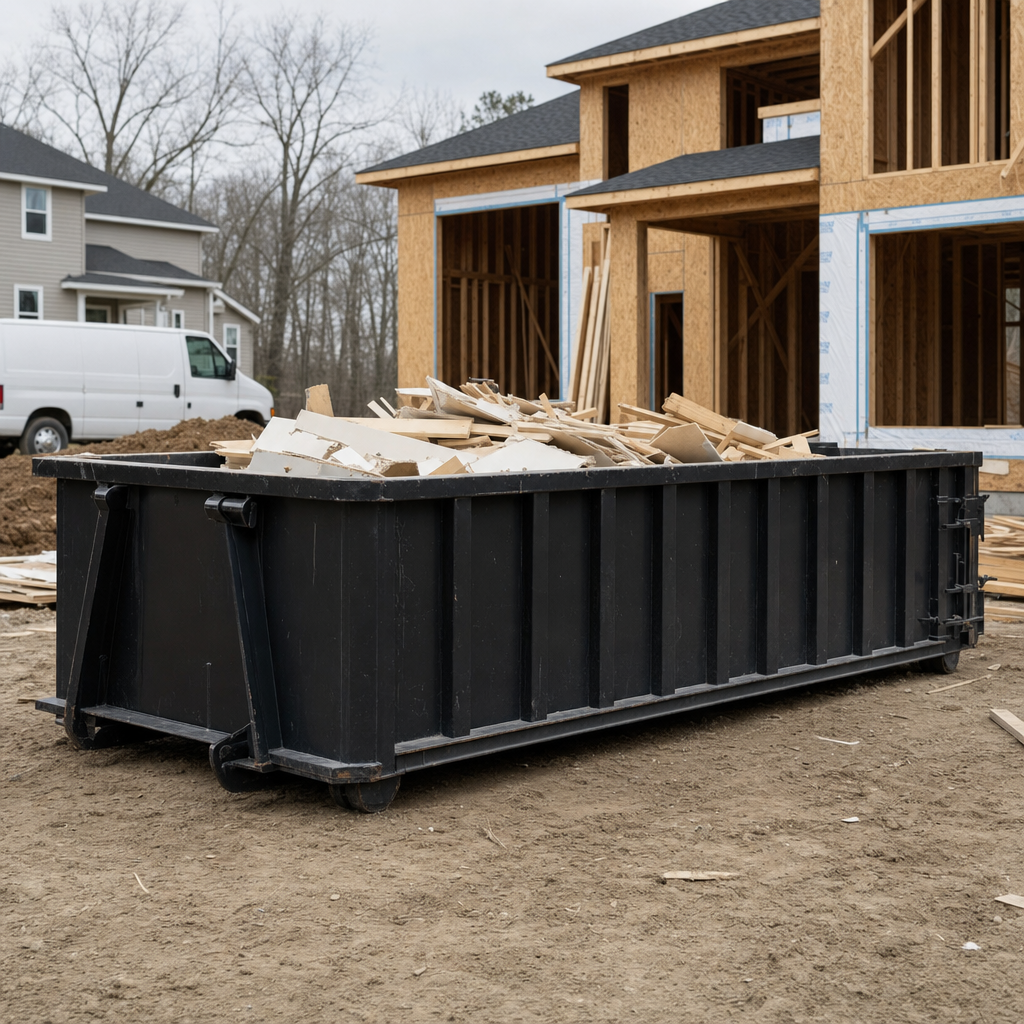 Worker in a yellow high-visibility vest tossing framing lumber and broken drywall into a matte-black 30-yard construction roll-off dumpster on an active build site in Berkeley, bright daylight