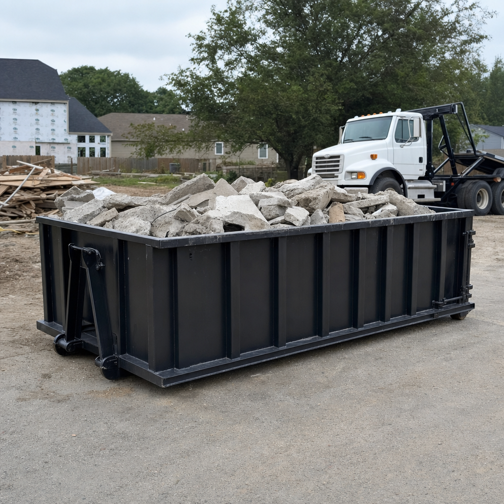 Low-profile matte-black lowboy roll-off dumpster loaded with broken concrete slab and rebar at a foundation tear-out in Berkeley, skid steer parked beside it, sunny Colorado morning