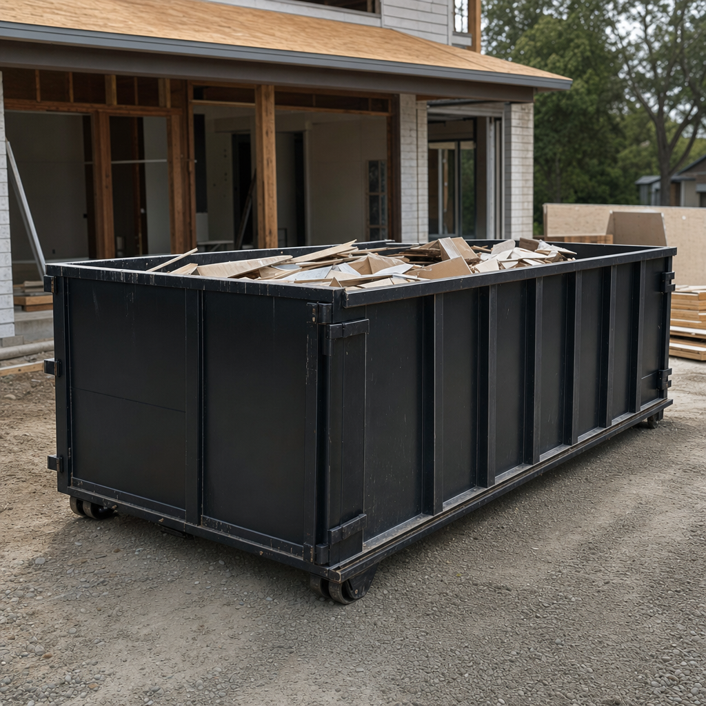 Large matte-black 30-yard construction roll-off dumpster at an active Berkeley jobsite, steel-gray top rails and bottom rollers visible, loaded with construction debris.