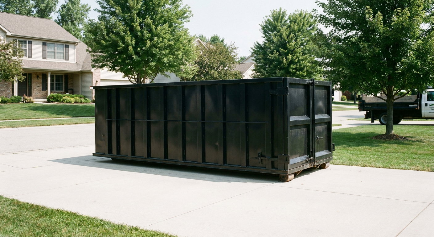 Matte-black 20-yard roll-off dumpster sitting level on a clean Berkeley residential concrete driveway under bright daylight, demonstrating clean placement directly on the concrete.