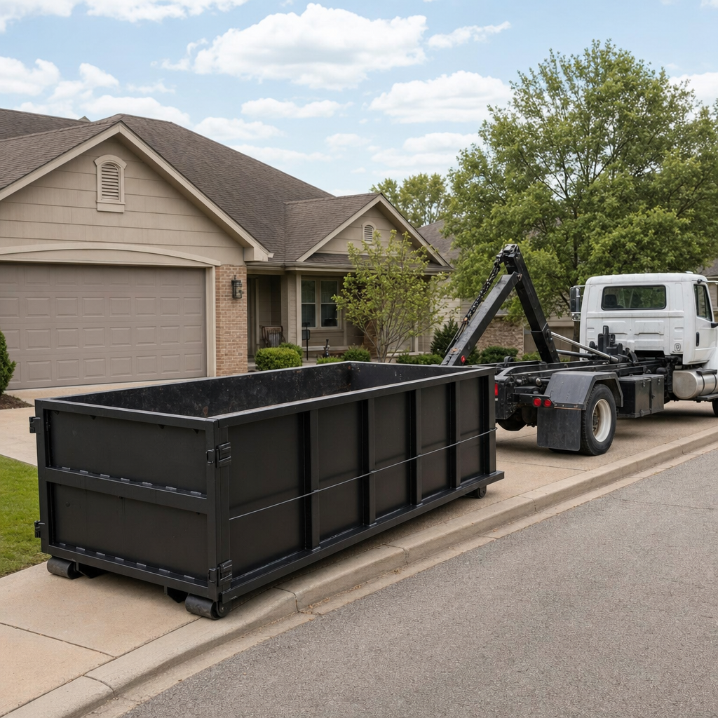 Wide documentary shot of a matte-black roll-off dumpster on a Berkeley residential driveway in the foreground and a contractor jobsite container in the soft-focus background, bright daylight, calm and orderly composition.