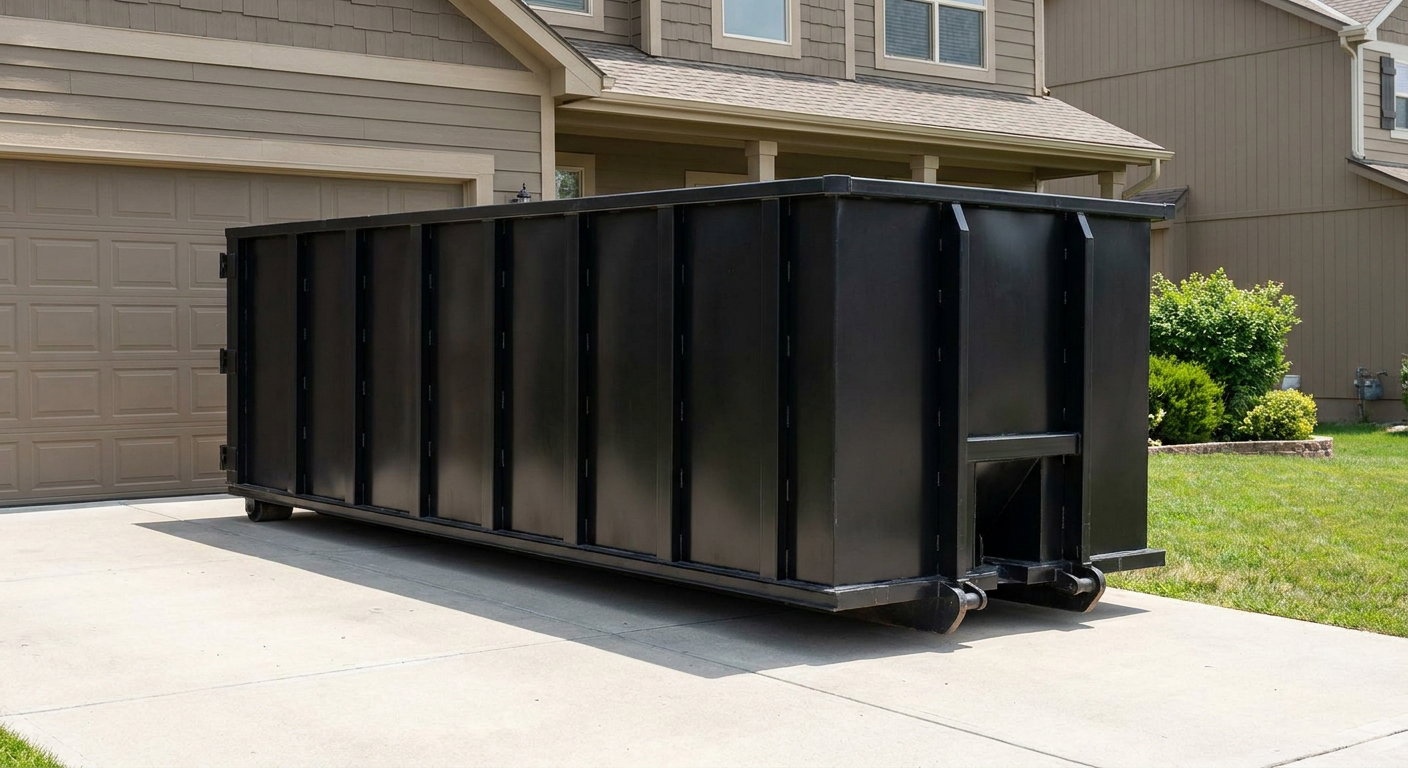 Matte-black residential roll-off dumpster sitting directly on a suburban Berkeley concrete driveway, garage door closed, single-family home in background, bright morning daylight.