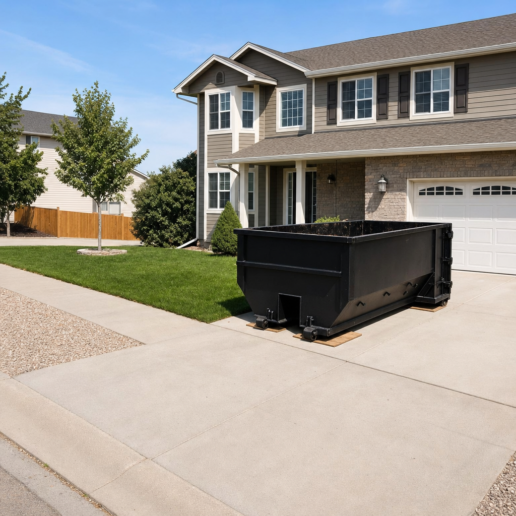 10-yard matte-black residential dumpster placed directly on a narrow Berkeley concrete driveway, room remains for a parked sedan beside it, mid-morning natural light