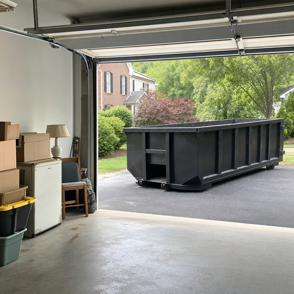 Open garage interior in a Berkeley home mid-cleanout — boxed items, an old appliance, and stacked yard tools queued near the driveway for a matte-black roll-off dumpster, organized and calm