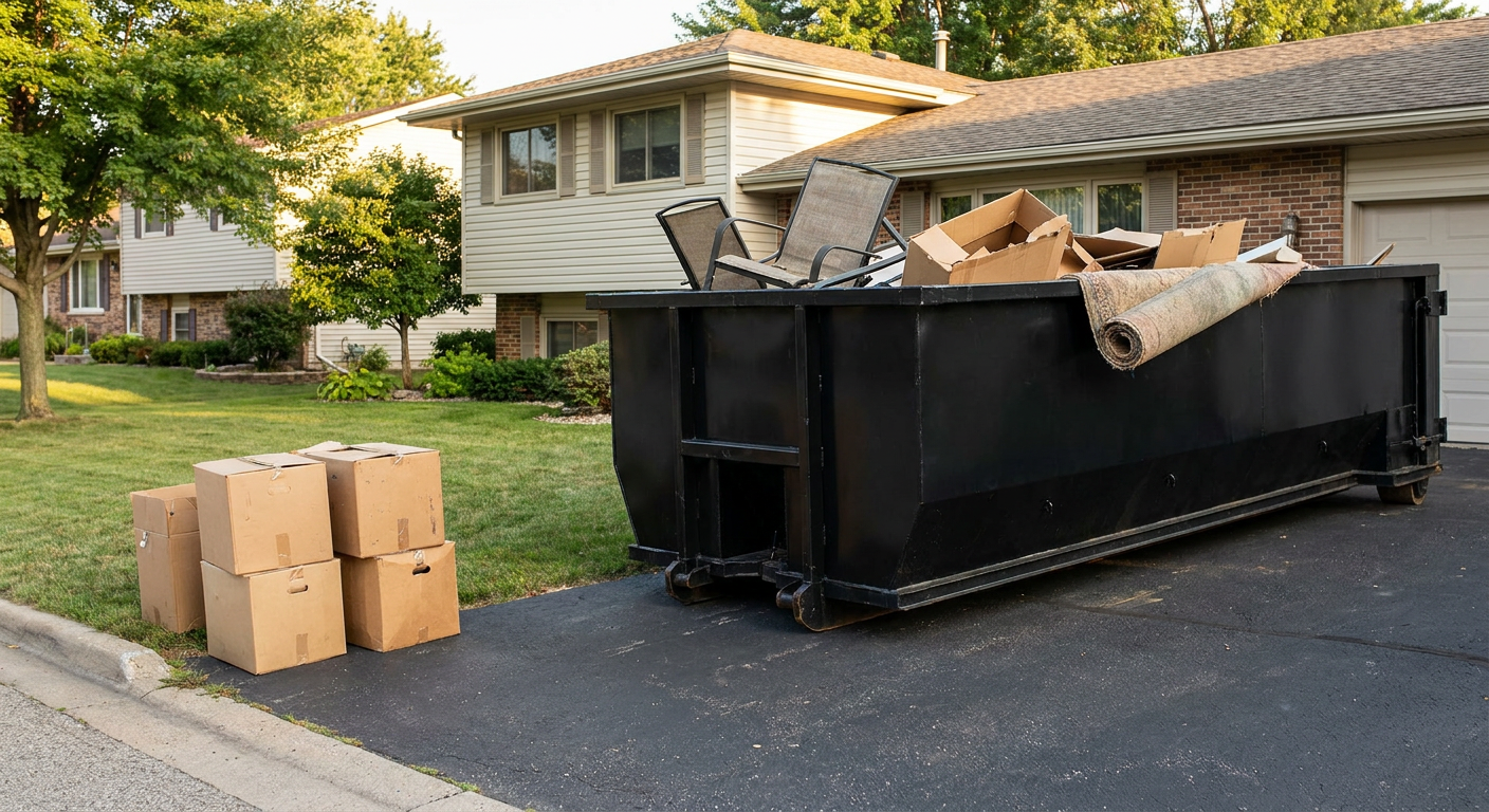 Front-yard view of a Berkeley split-level home with a 20-yard matte-black roll-off dumpster sitting directly on the asphalt driveway, a few clearly labeled donation boxes staged at the curb, calm sunny afternoon.