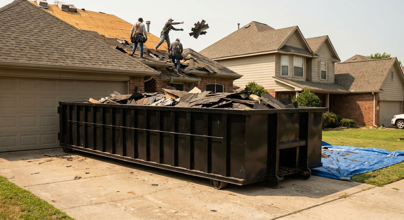 Matte-black roofing roll-off dumpster placed directly on a Berkeley residential concrete driveway, a tear-off crew on a two-story asphalt-shingle roof tossing shingle bundles into the low-walled container, bright daylight, documentary 35mm perspective.