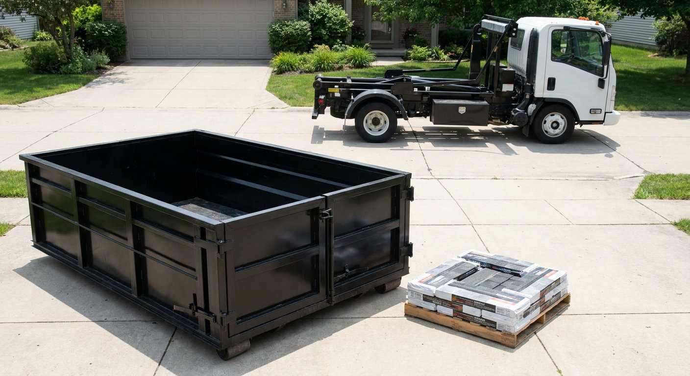 Matte-black 15-yard roofing roll-off dumpster with reinforced low side walls sitting directly on a Berkeley residential concrete driveway, three-tab asphalt shingle bundles stacked nearby, an unmarked white hauler truck partially visible at the edge of the frame.