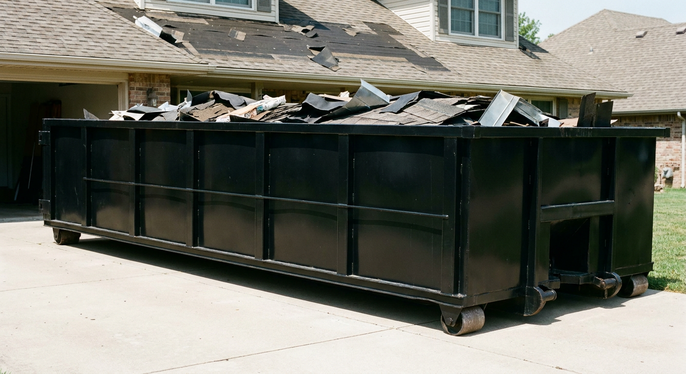 Matte-black 20-yard roofing roll-off dumpster with steel ribbed sides and swinging rear door, sitting directly on the concrete driveway of a two-story Berkeley home, asphalt shingle debris being loaded over the low wall, clean documentary lighting.