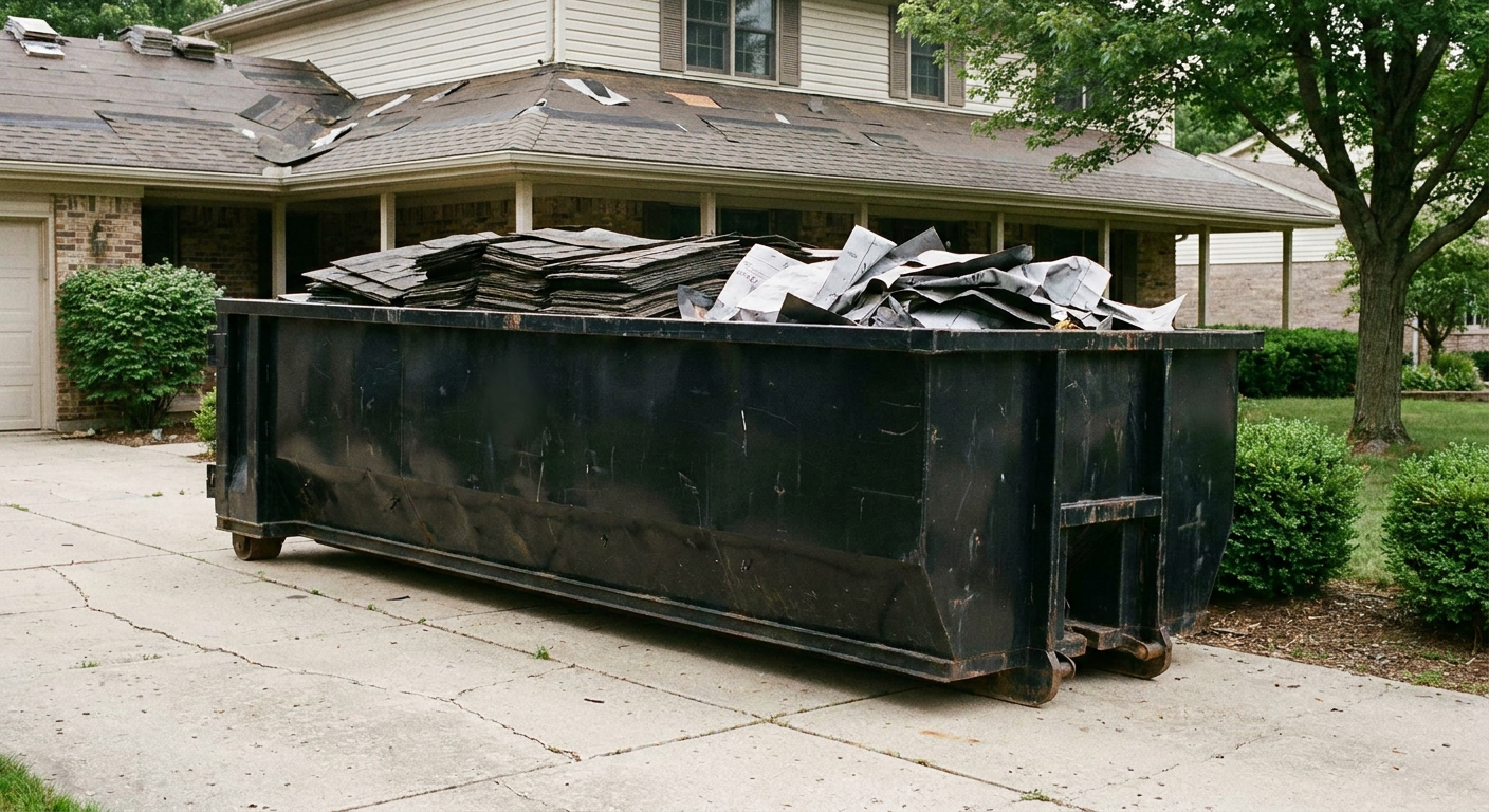 Matte-black 30-yard roofing roll-off dumpster sitting directly on a Berkeley concrete driveway, taller ribbed steel side panels, mixed tear-off debris of asphalt shingles and underlayment inside, professional documentary daylight.
