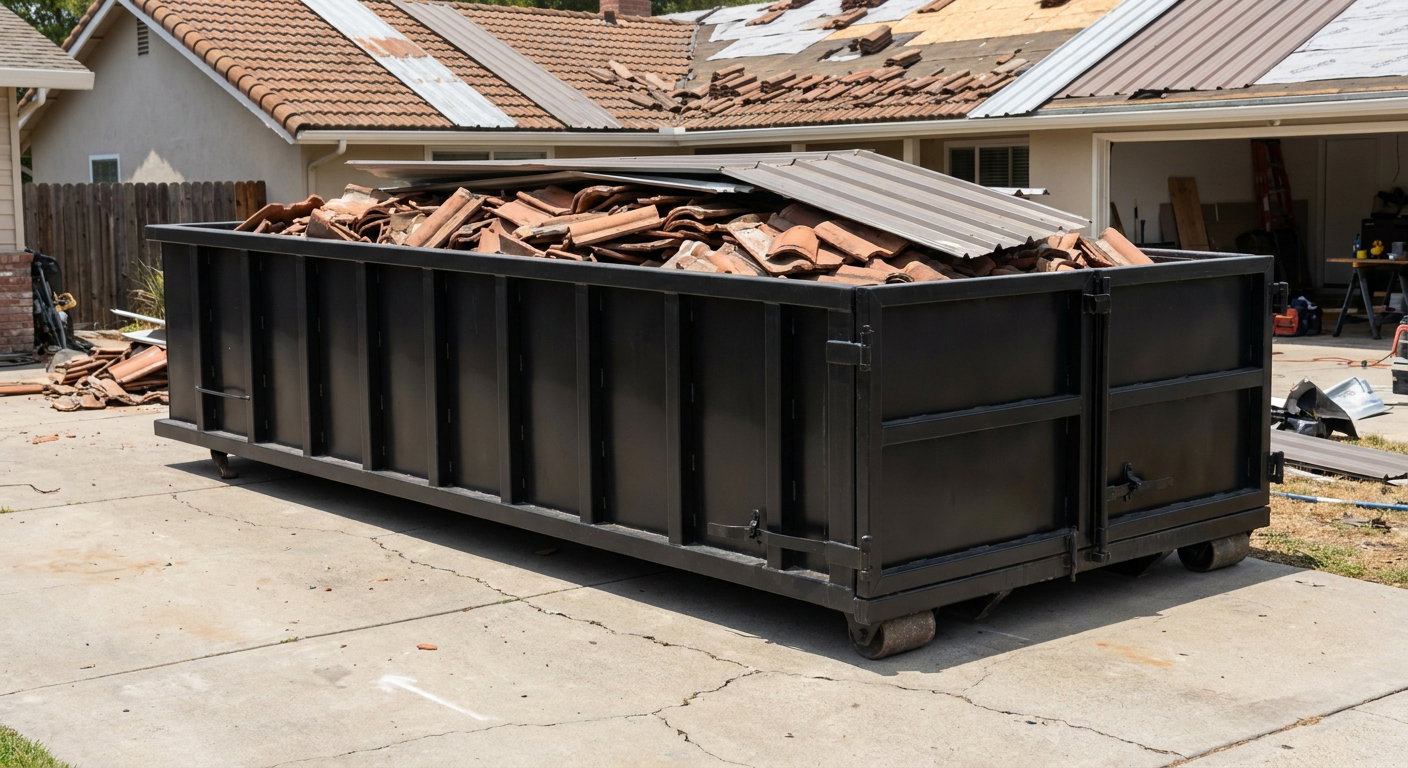 Matte-black low-wall heavy-debris roofing roll-off dumpster sitting directly on a Berkeley concrete driveway, broken concrete clay roof tiles and metal panel sections loaded inside, reinforced ribbed steel side walls visible, bright outdoor daylight.