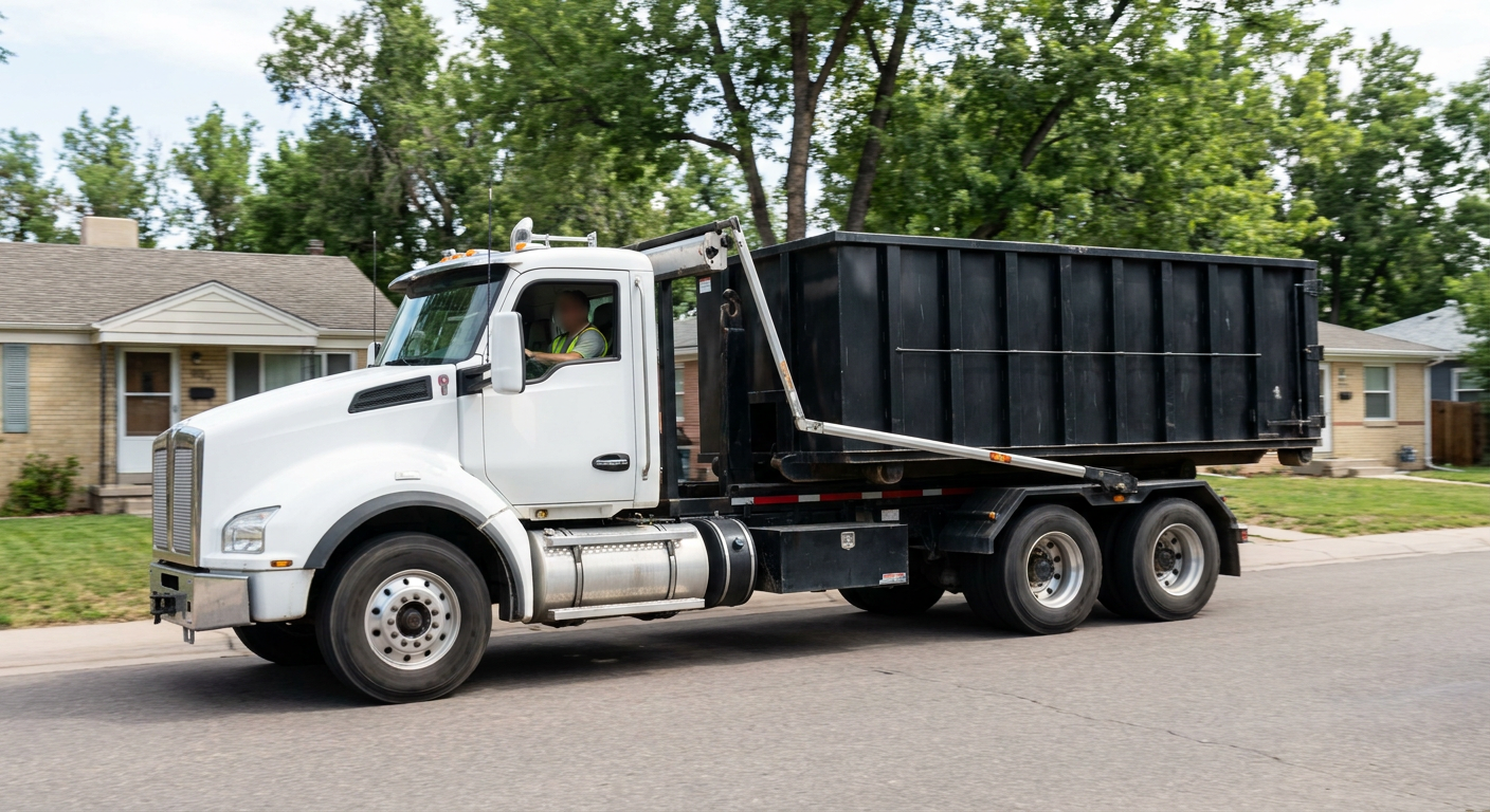 A wide documentary shot of a matte-black roll-off delivery truck pulling onto a quiet Berkeley residential street at mid-morning, with neighborhood rooftops and tree-lined blocks visible behind, showing the metro coverage footprint.