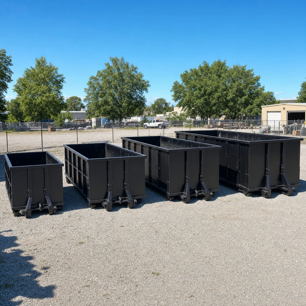 A clean lineup of matte-black roll-off dumpsters in 10, 20, 30, and 40-yard sizes staged on a sunlit gravel yard in Berkeley, showing the size progression from compact to commercial-scale containers.