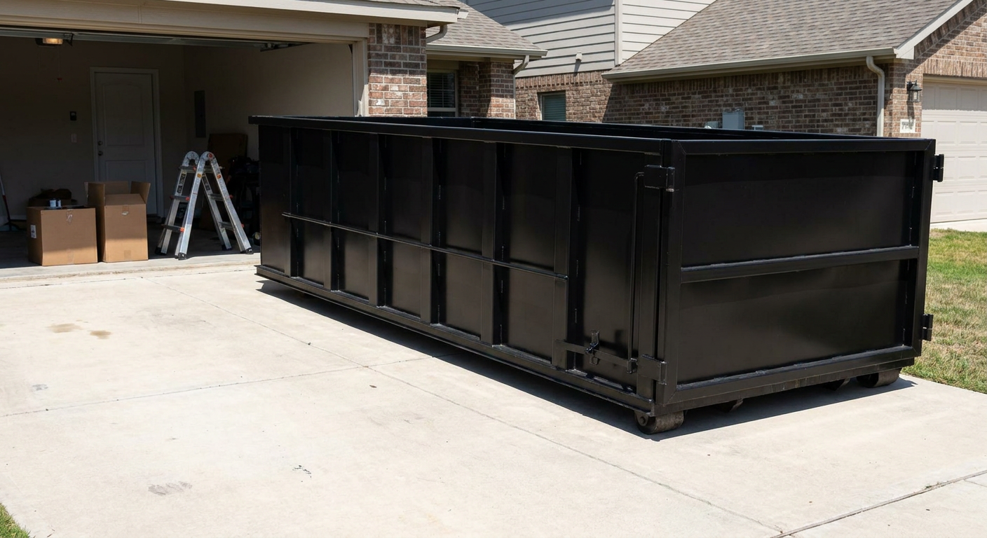A matte-black 10-yard roll-off dumpster sitting directly on a residential Berkeley concrete driveway, mid-day sunlight, clean and ready for a garage cleanout.