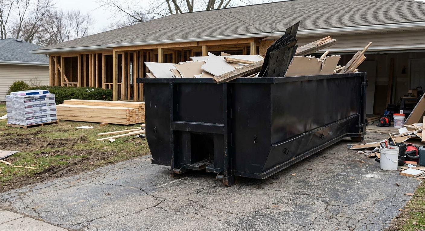 A matte-black 20-yard roll-off dumpster placed alongside a mid-renovation Berkeley home directly on the asphalt driveway, with framing materials and torn-off shingles staged neatly nearby.