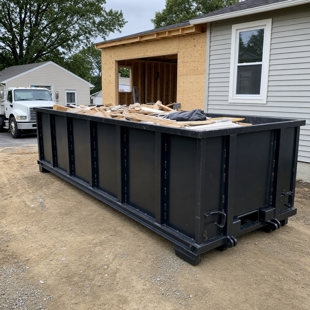 A matte-black 30-yard roll-off dumpster positioned at a Berkeley residential addition jobsite, with framing lumber and drywall scraps loaded through the open swinging rear doors.
