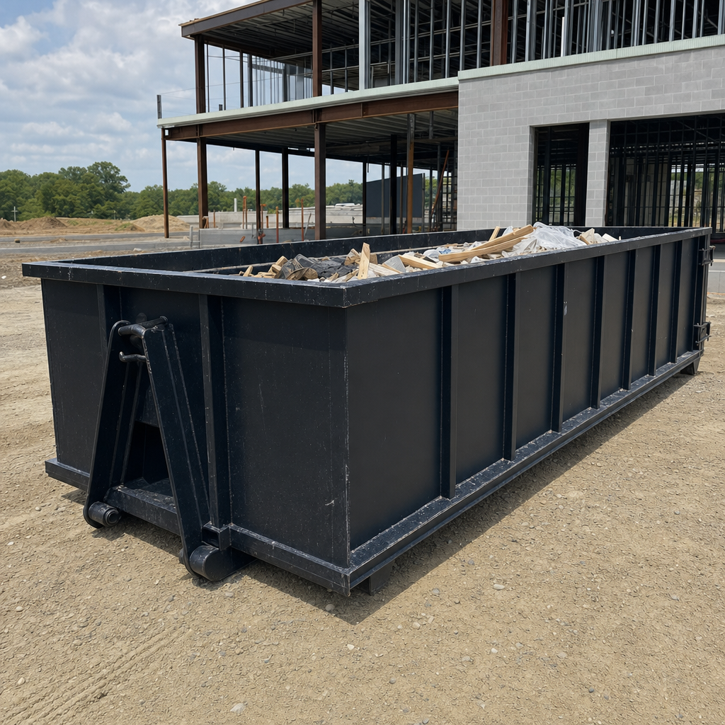 A matte-black 40-yard roll-off dumpster staged on a large Berkeley commercial construction lot, with a hooklift delivery truck parked alongside under bright midday sky.