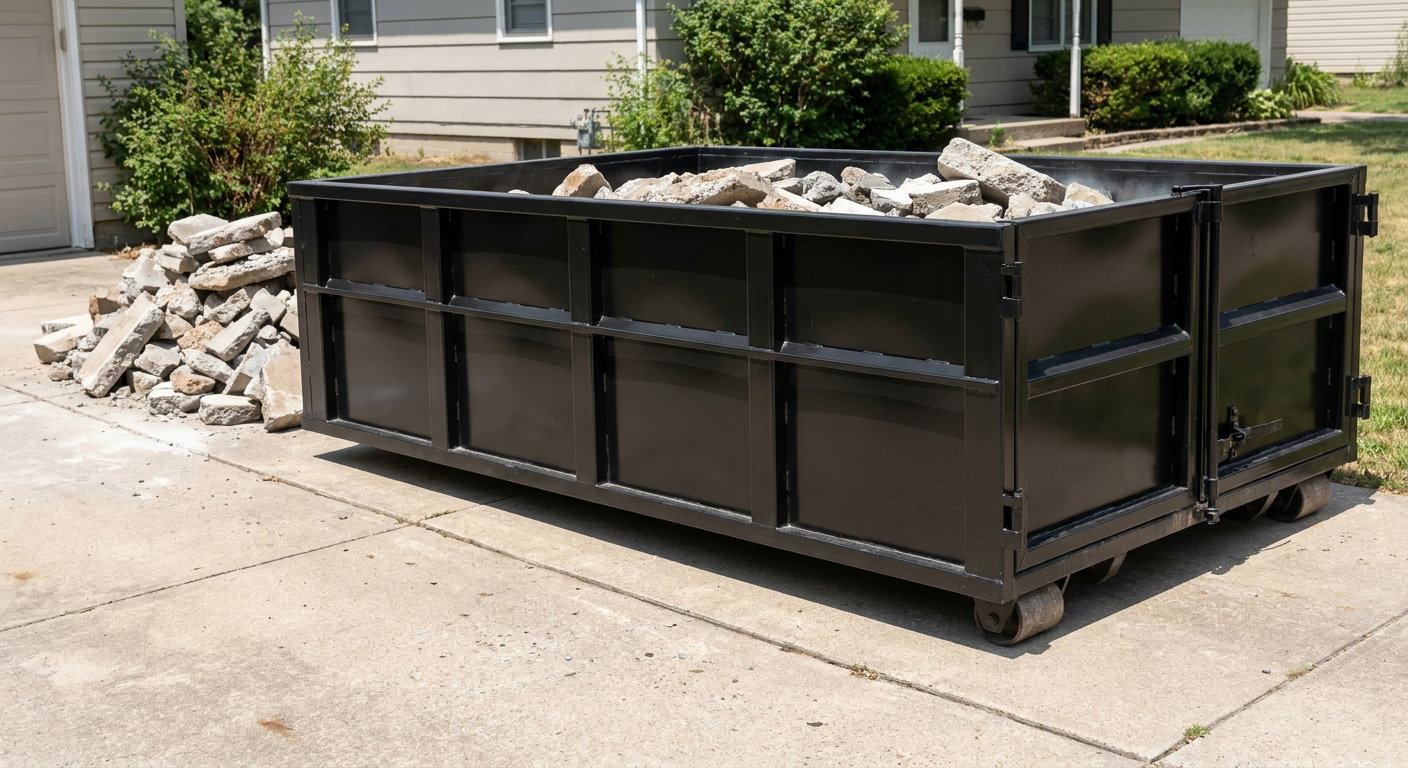 A matte-black low-side heavy-debris roll-off dumpster placed directly on a Berkeley concrete driveway, with broken concrete chunks neatly stacked beside it under clean daylight.